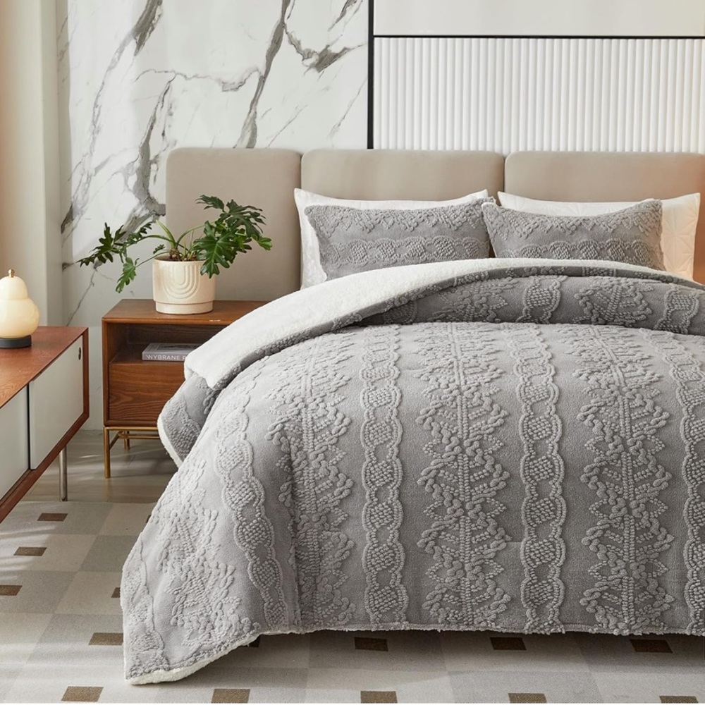 Flannel Fleece Sherpa Comforter Set Queen Size, Down Alternative Comforter Grey